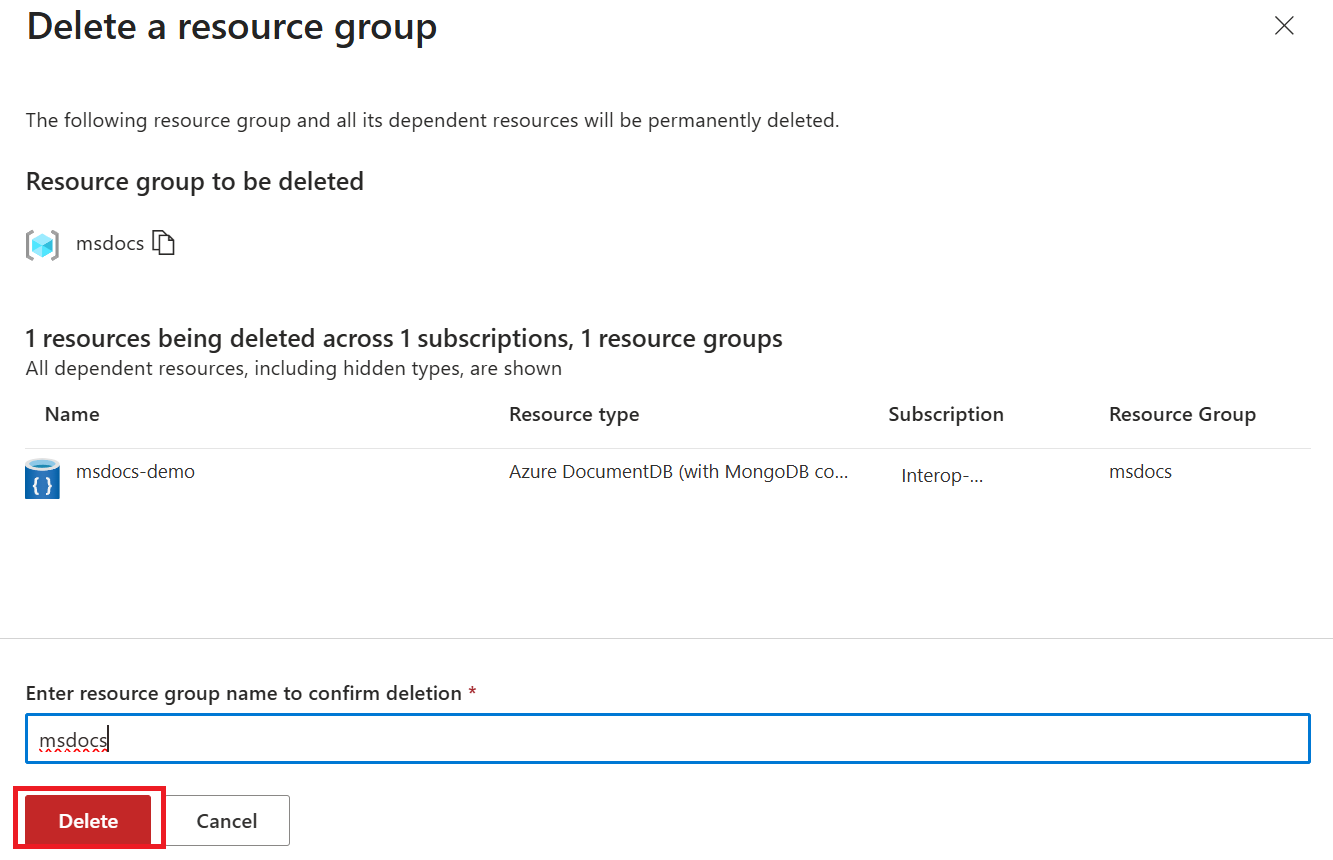 Снимок экрана, показывающий кнопку подтверждения удаления группы ресурсов.