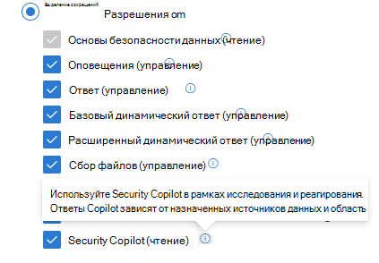 Снимок экрана: настраиваемая роль Defender XDR с включенным Security Copilot операциями безопасности.
