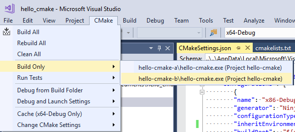 Снимок экрана: главное меню Visual Studio, открытое в C Make Build Only.