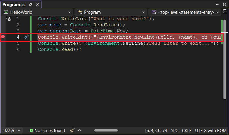 Окно программы Visual Studio с установленной точкой останова