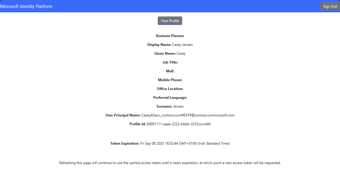 снимок экрана приложения JavaScript с результатами вызова API.