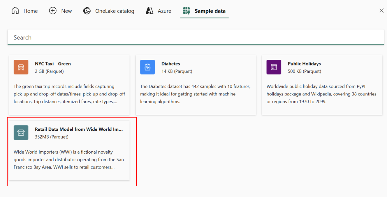 Снимок экрана с портала Fabric страницы с примерами данных. Выбрана модель данных розничной торговли.
