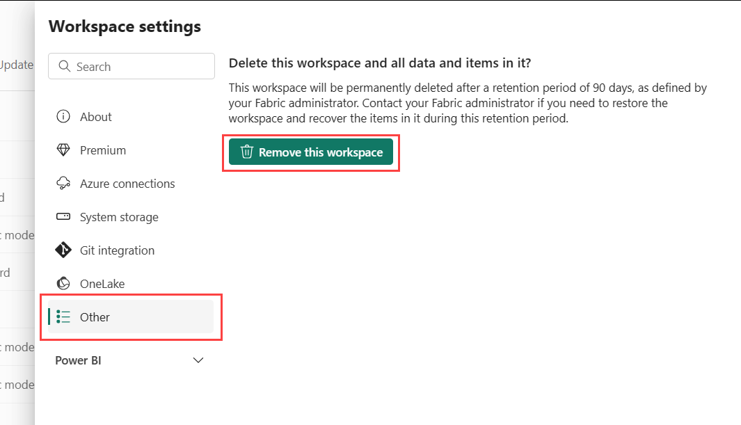 Снимок экрана: диалоговое окно для удаления рабочей области.