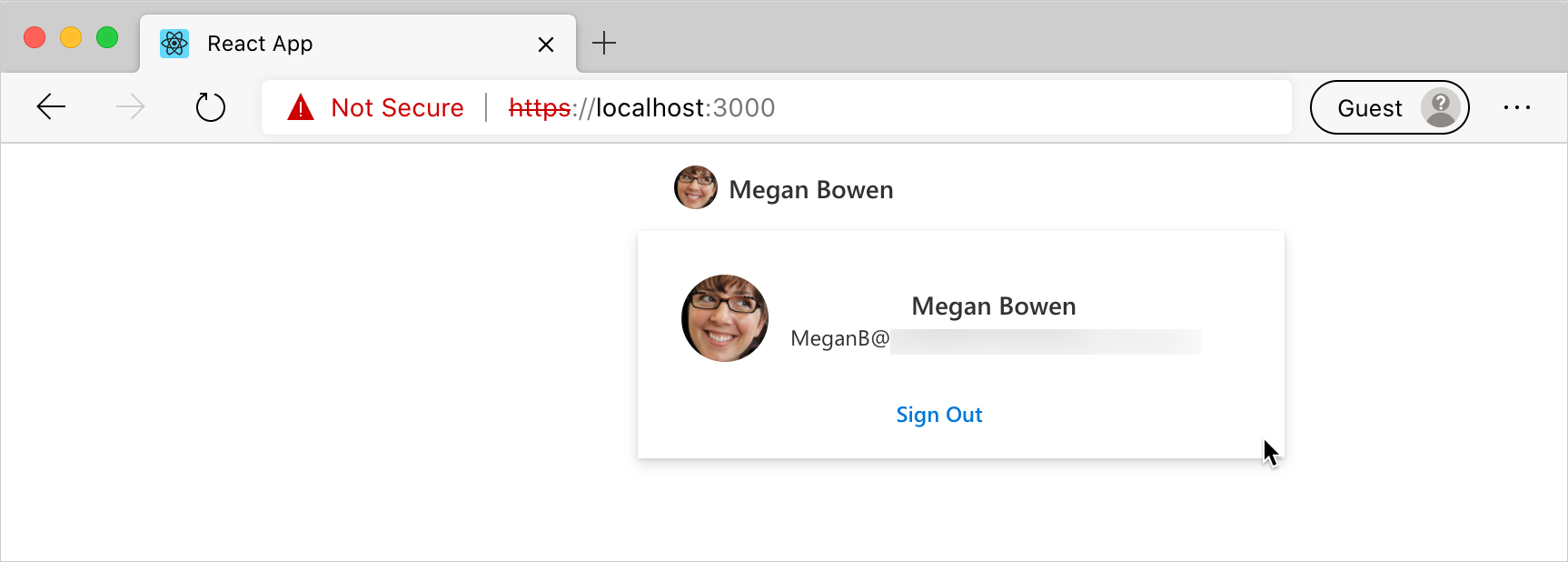 React приложение, в котором отображаются сведения о пользователе, полученные из Microsoft 365 с помощью Microsoft Graph Toolkit
