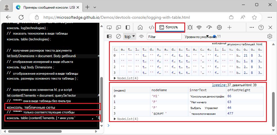 Фильтрация сведений, отображаемых в console.table, и предоставление массива свойств для отображения в качестве второго параметра