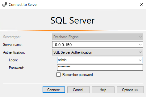 Скриншот SQL Server Management Studio: подключение к серверу SQL базы данных.