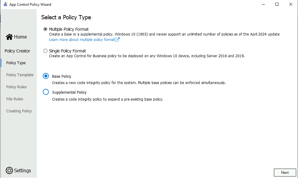 снимок экрана: экран выбора типа политики WDAC.