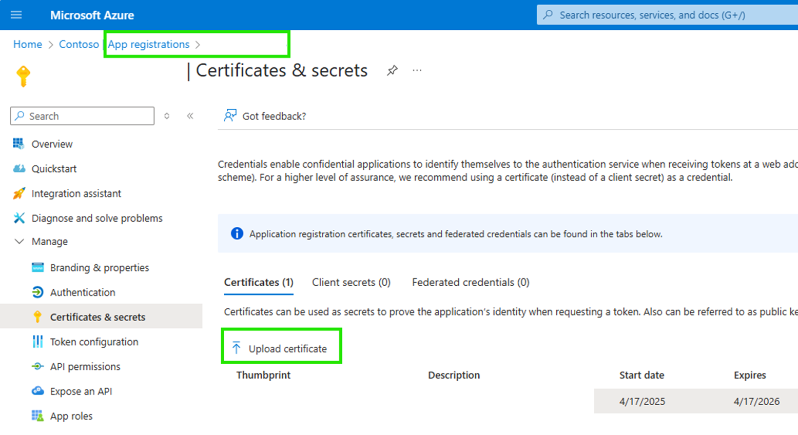 Снимок экрана: отправка сертификата для приложения на портале Azure.