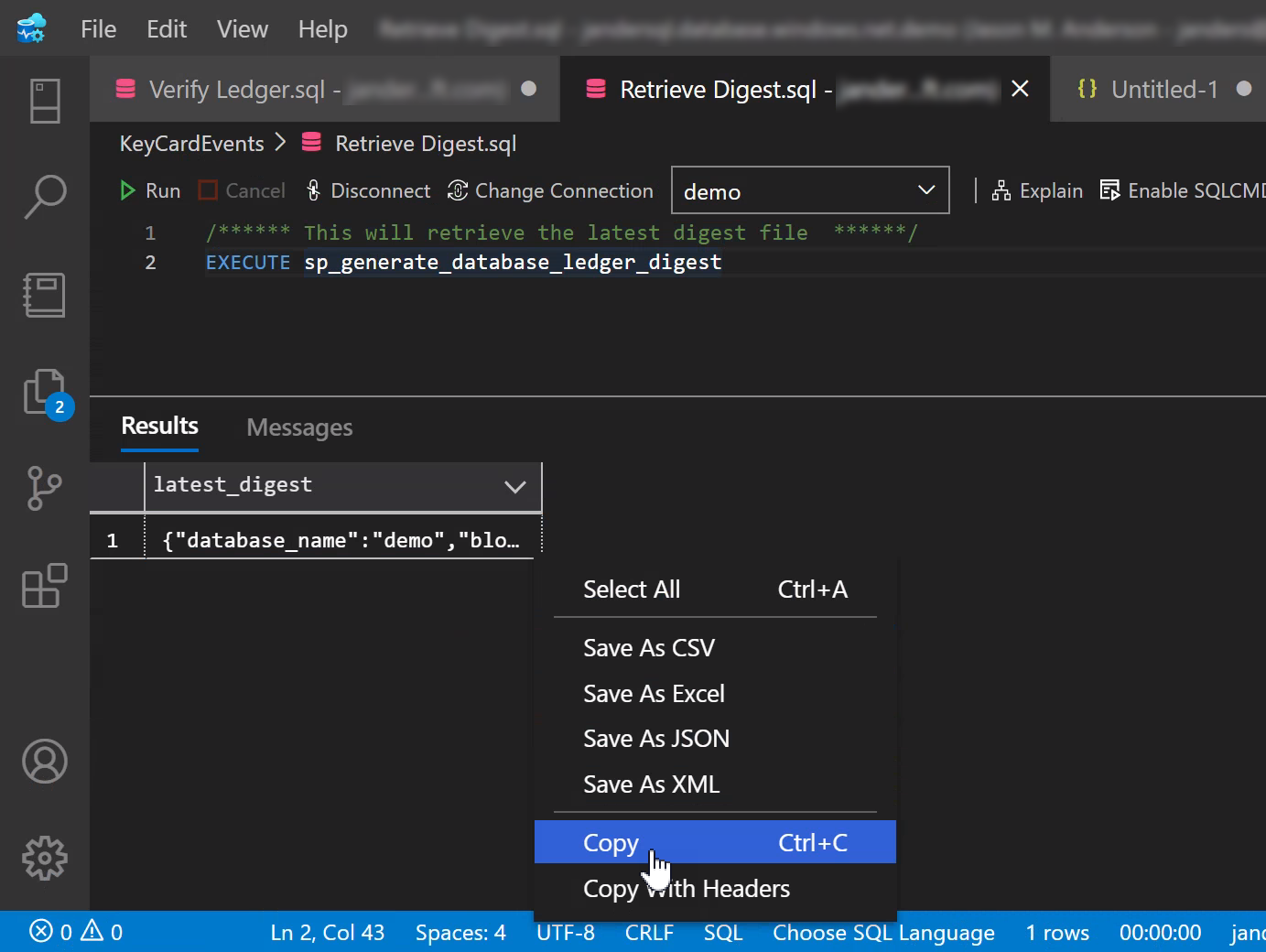 Снимок экрана: получение результатов дайджеста с помощью Visual Studio Code.