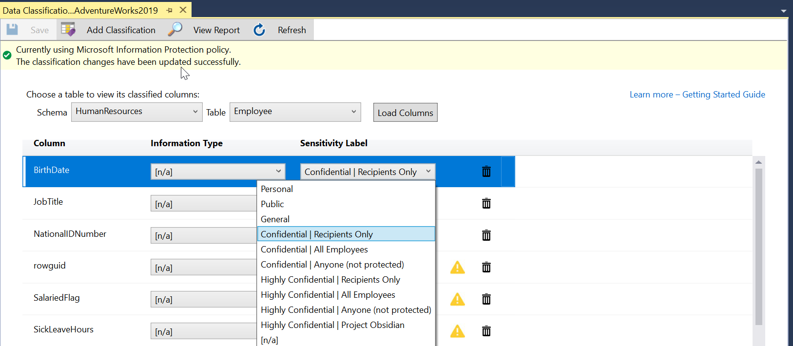 Выбор меток конфиденциальности политики Microsoft Information Protection в SSMS