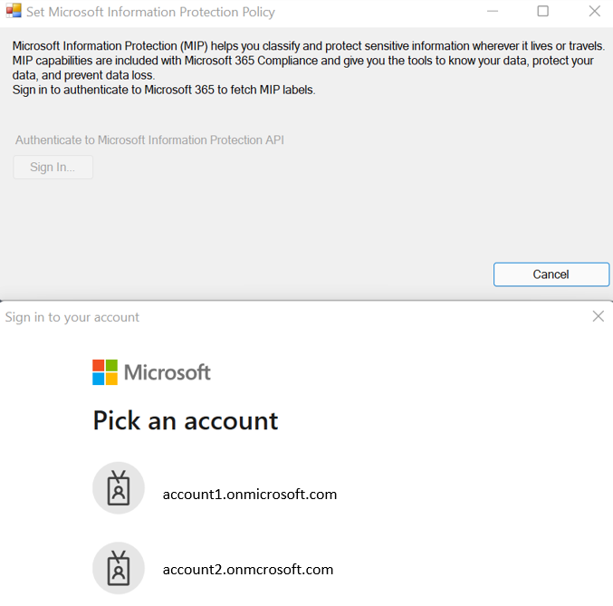 Скриншот аутентификации для установки политики Microsoft Information Protection