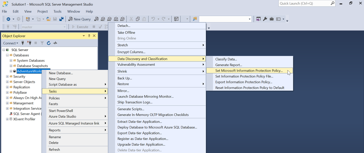 Скриншот для настройки политики Microsoft Information Protection в SSMS