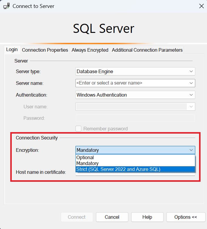 Снимок экрана: диалоговое окно подключения к серверу в SQL Server Management Studio.
