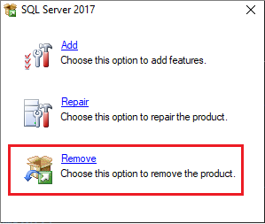 Screenshot, показывающий, как удалить SQL Server.