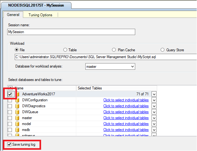Снимок экрана: параметры DTA для базы данных.