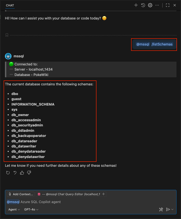 Снимок экрана: использование команды косой черты /listSchemas в чате GitHub Copilot.