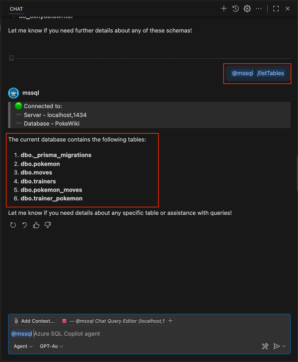 Снимок экрана: использование команды со слэшем /listTables в чате GitHub Copilot.