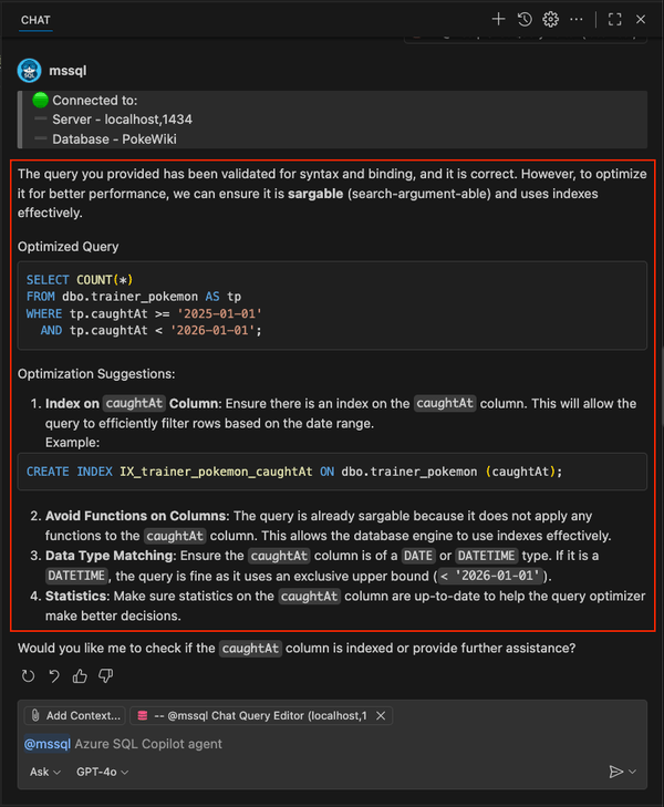 Снимок экрана: команда /optimize slash подробные предложения по оптимизации и создание индекса.