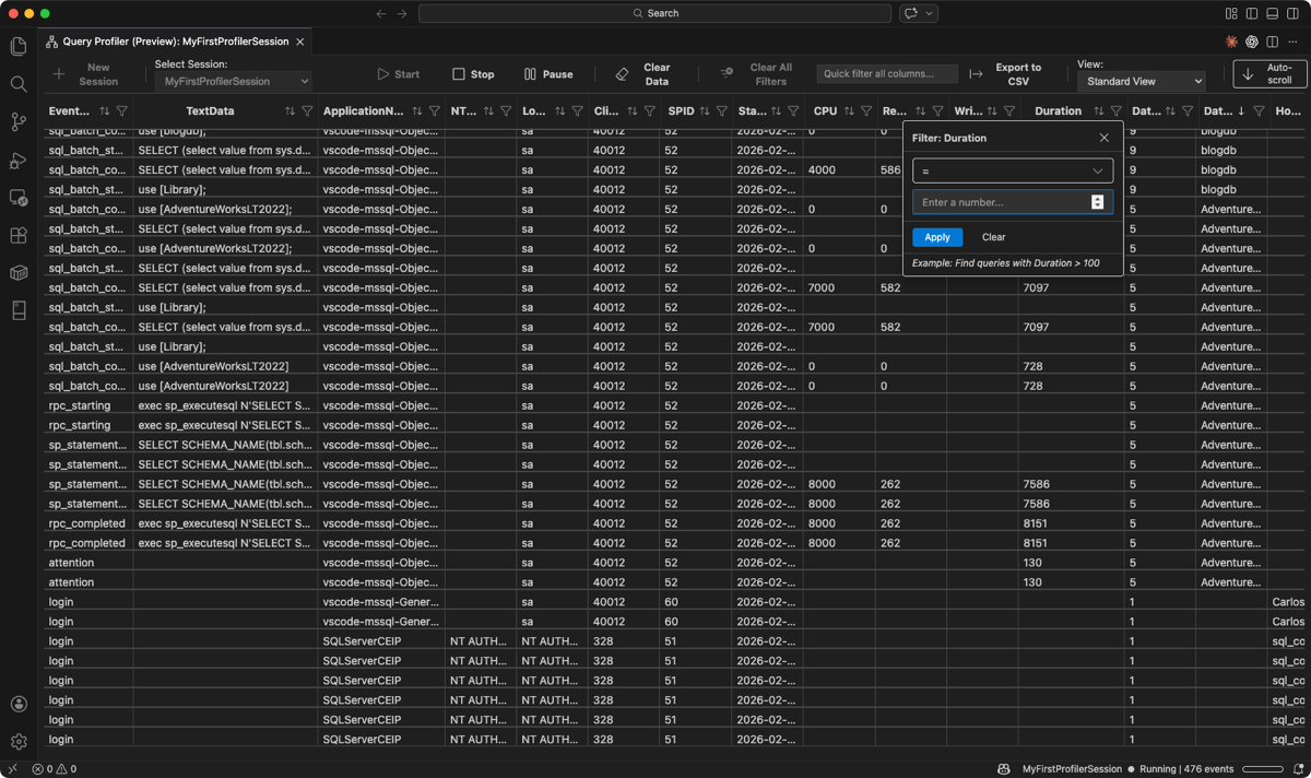 Снимок экрана: фильтр столбца 