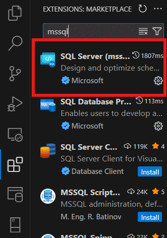 Снимок экрана: установка расширения MSSQL в Visual Studio Code.