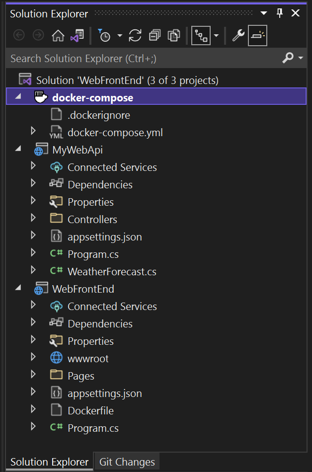 Снимок экрана: обозреватель решений с добавленным проектом Docker Compose.
