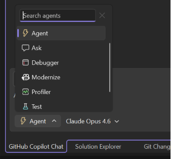 Скриншот, показывающий выбор агента с пользовательскими агентами в Visual Studio.