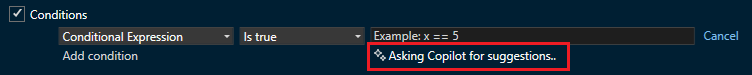 Скриншот, на котором Copilot работает над предложениями по условной точке останова.