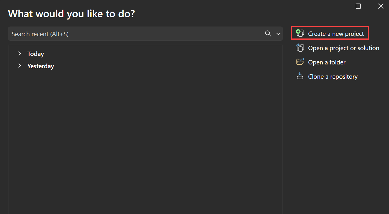 Снимок экрана: окно создания проекта.