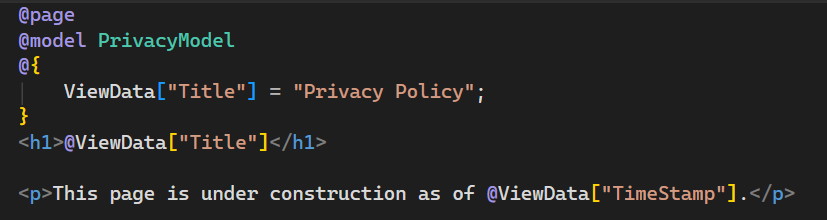 снимок экрана: файл Privacy.cshtml открыт в редакторе Visual Studio Code с обновленным текстом.