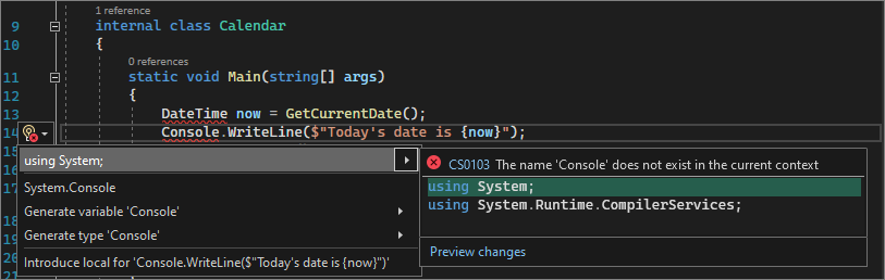Скриншот значка лампочки для добавления директивы using.