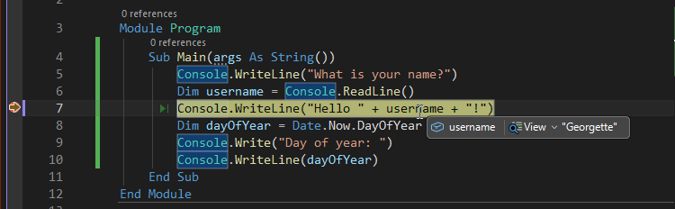 Screenshot, отображающий значение переменной во время отладки в Visual Studio.