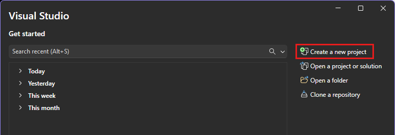 Снимок экрана начального окна в Visual Studio с выделенной опцией 