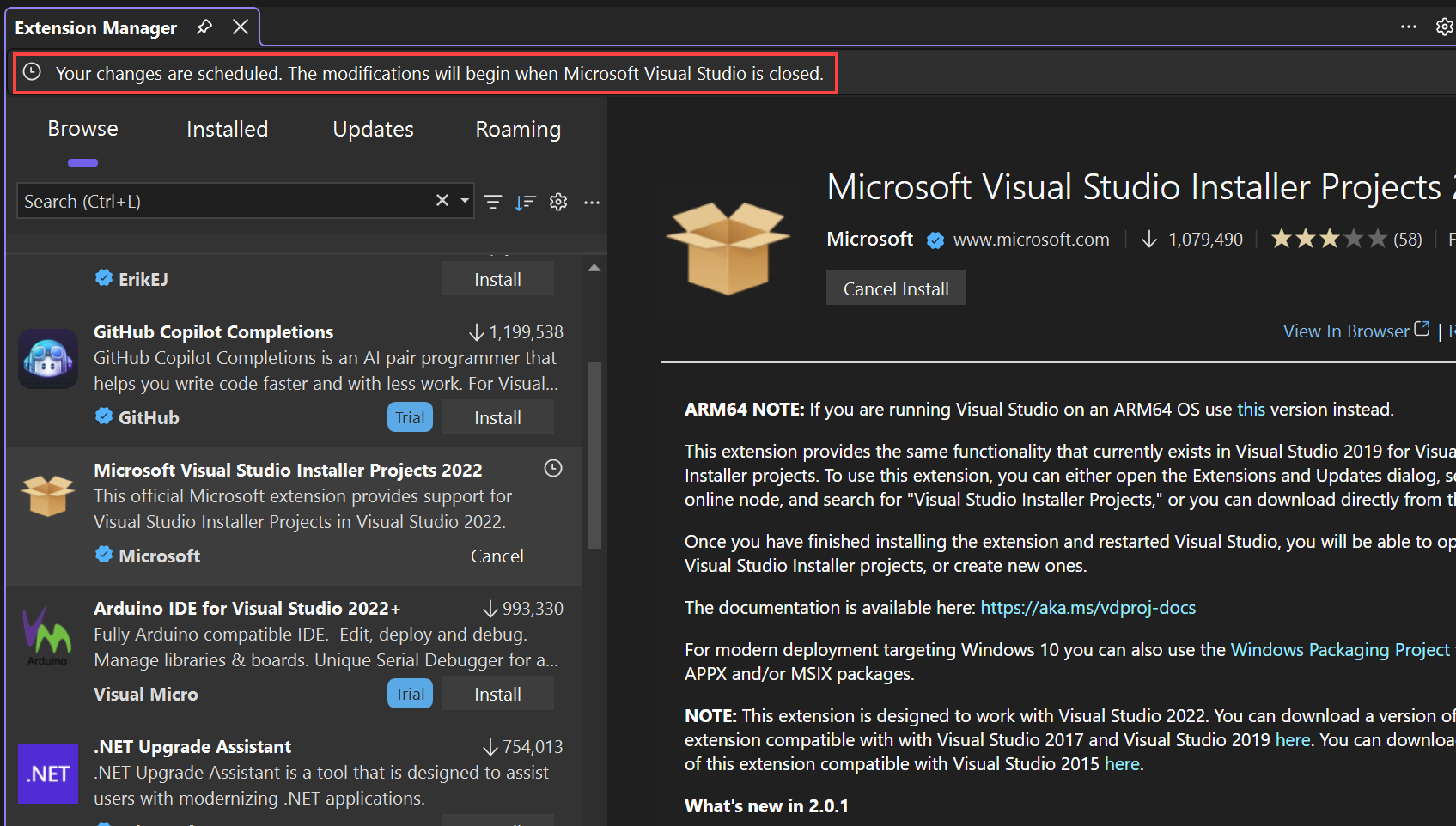 Снимок экрана: уведомление в диспетчере расширений с указанием запланированных изменений.