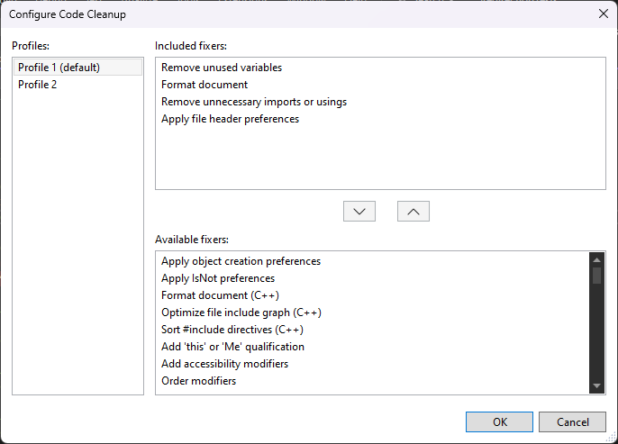 снимок экрана: настройка очистки кода.