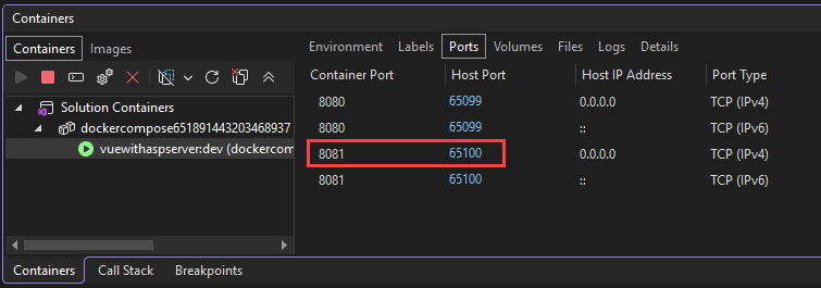 снимок экрана: порты контейнеров Docker.