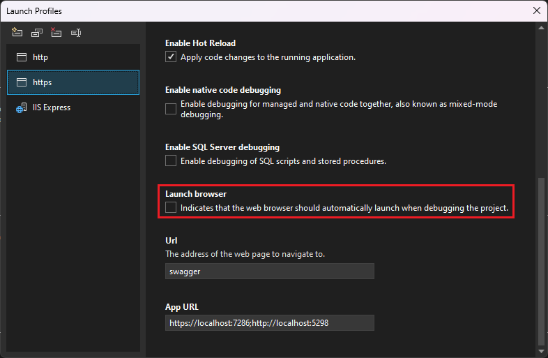 Снимок экрана, показывающий интерфейс профилей отладки.