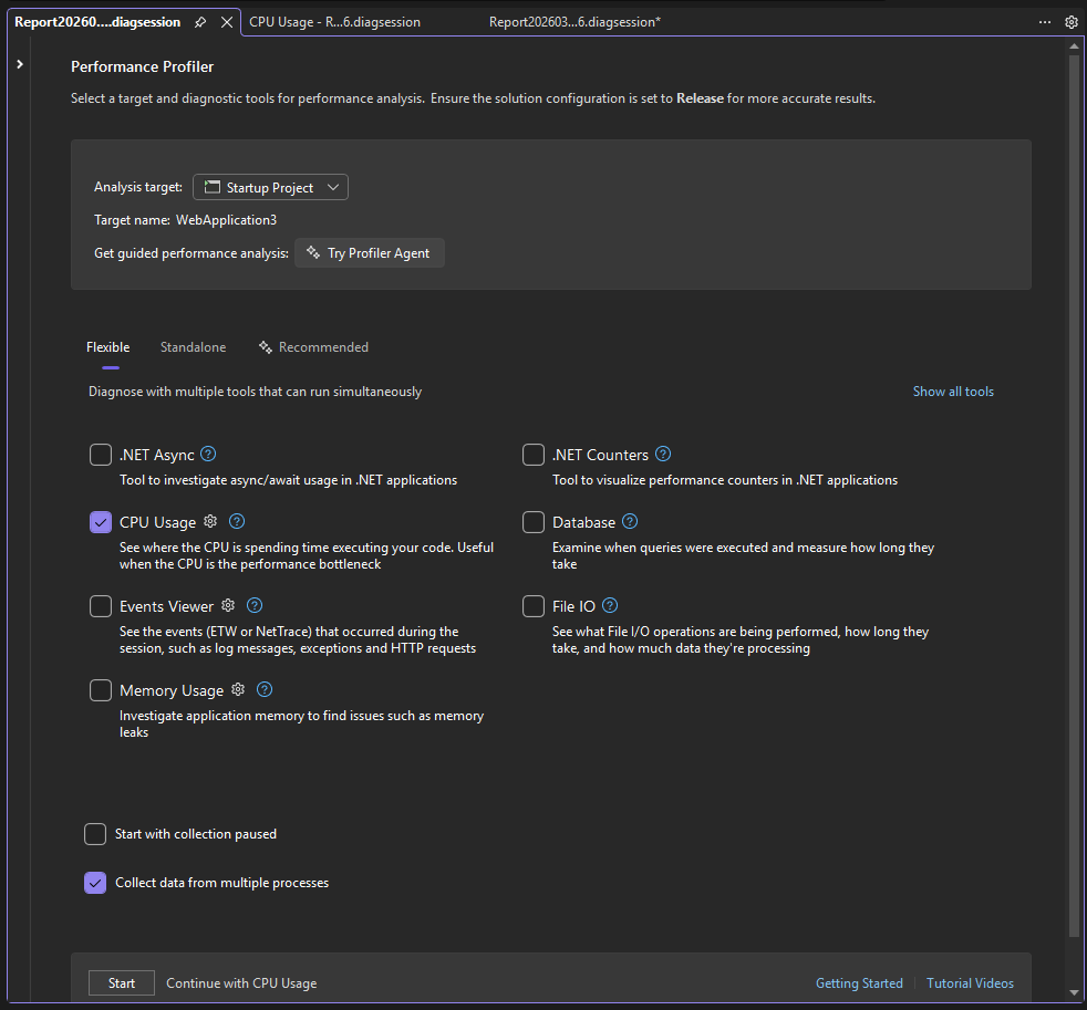 Снимок экрана: выбор данных с несколькими процессами.