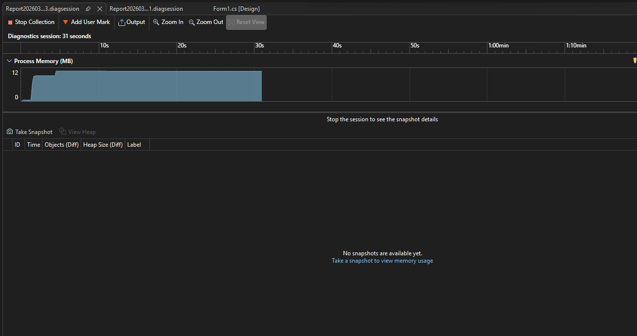 Screenshot окна средств диагностики в профилировщике производительности Visual Studio с графиком временной шкалы использования памяти приложения.