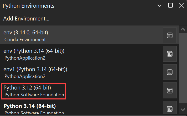 Снимок экрана: недопустимая среда в окне 