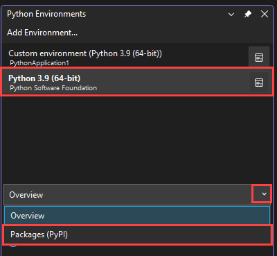 Снимок экрана, показывающий, как выбрать опцию PyPI пакеты для выбранной среды, чтобы просмотреть установленные пакеты.