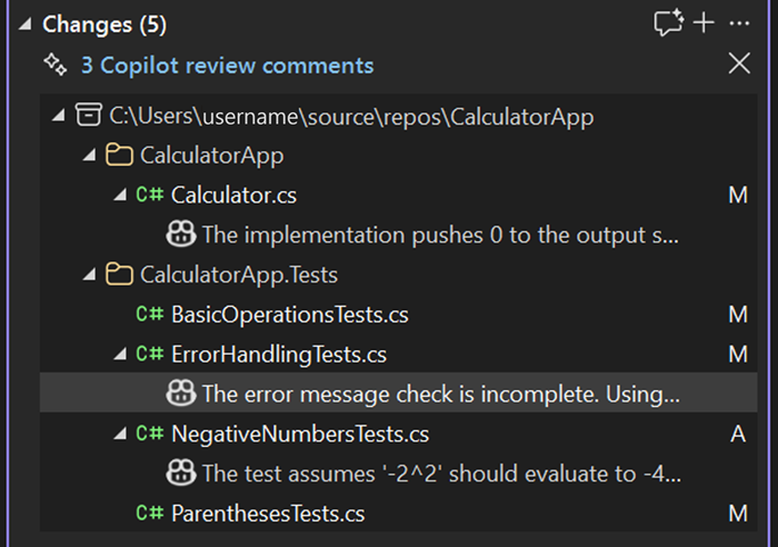 Снимок экрана: примечания к коду для каждого файла в окне 