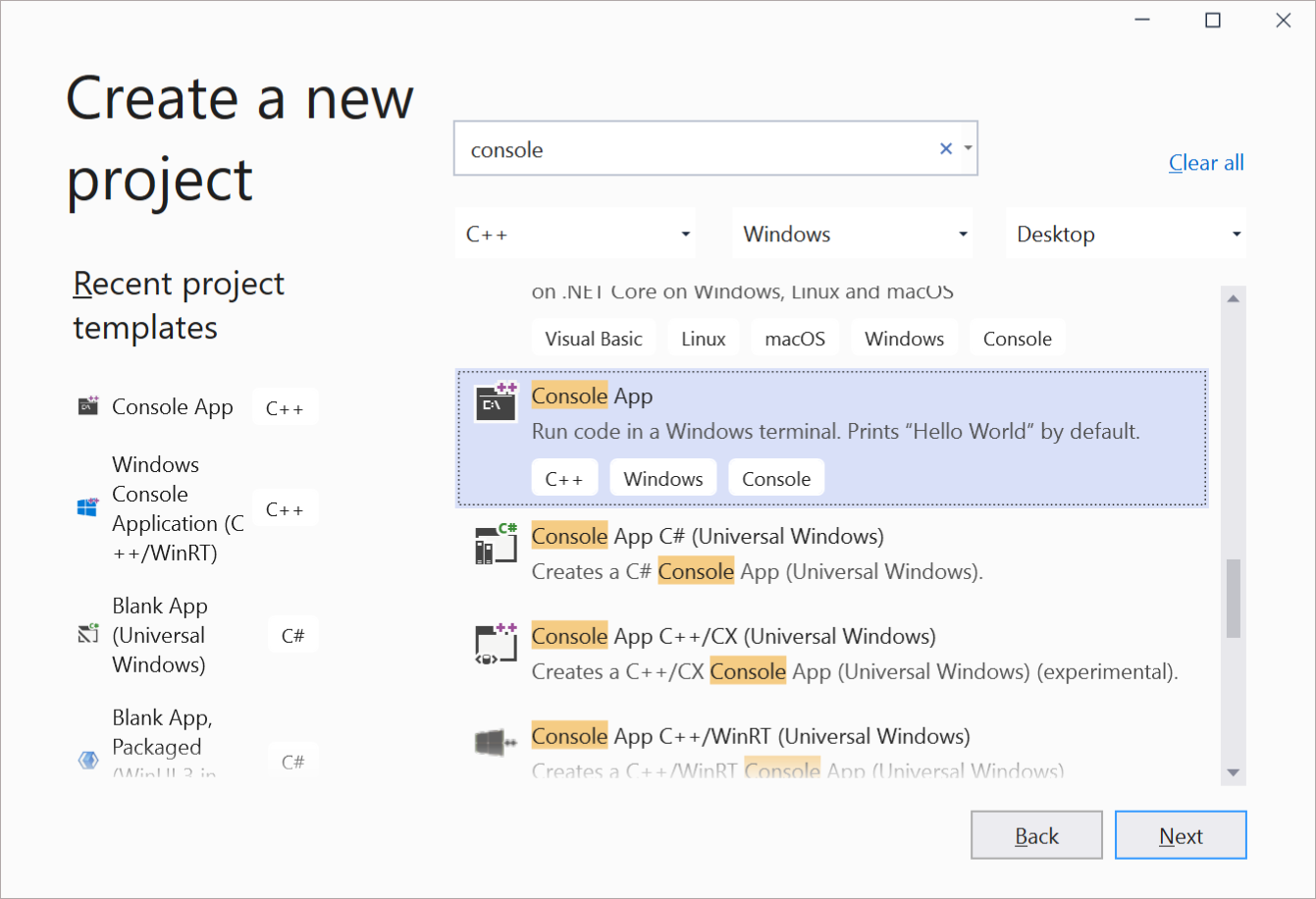 Screenshot создания нового приложения C++ в Visual Studio