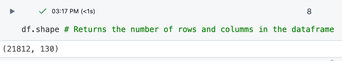 Utdata från cell som visar df.shape.
