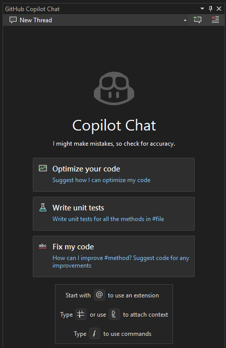 Skärmbild som visar GitHub Copilot Chat-fönstret i Visual Studio 2022.