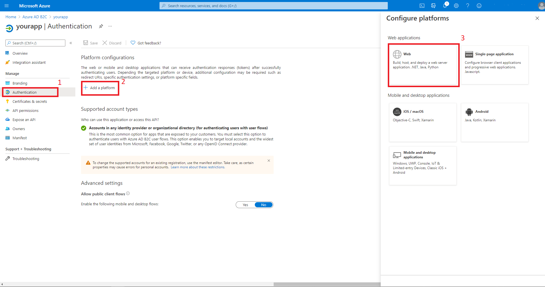 Alternativ som valts för autentisering, lägg till en plattform, webb.