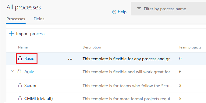 Skärmbild av markerad grundläggande process.