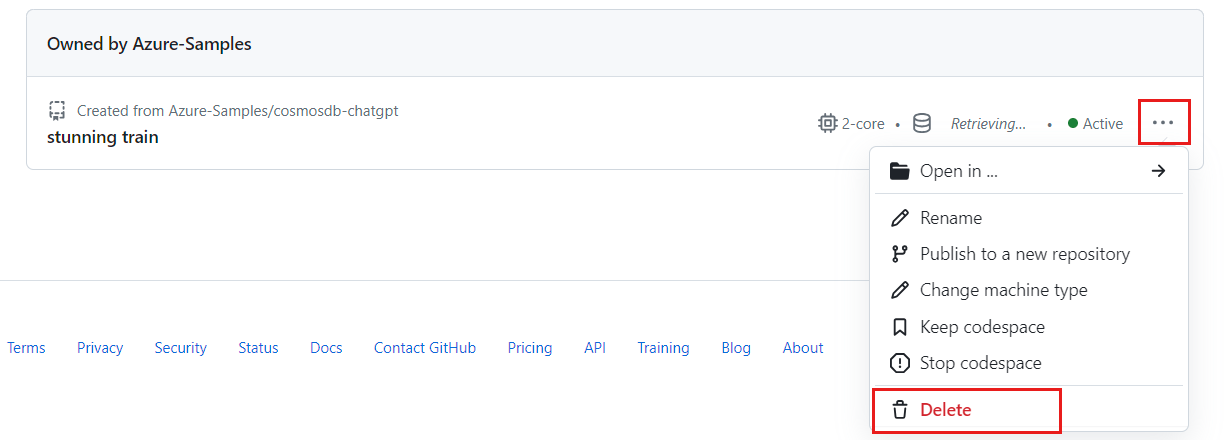 Skärmbild av snabbmenyn för ett enda kodområde med borttagningsalternativet markerat.