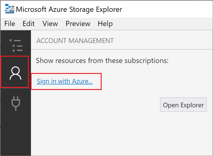 Skärmbild av hur du lägger till ett Azure konto i Microsoft Azure Storage Explorer.