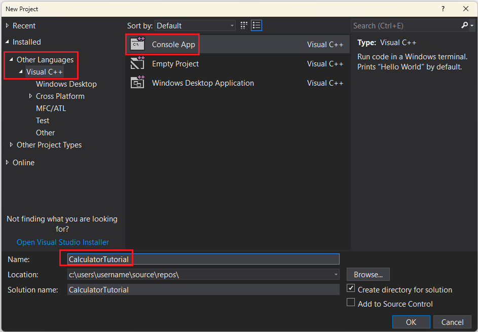 Skärmbild av dialogrutan Nytt projekt.