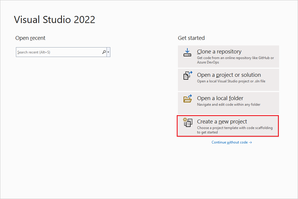 Skärmbild av dialogrutan som visas när Visual Studio 2022 startar.